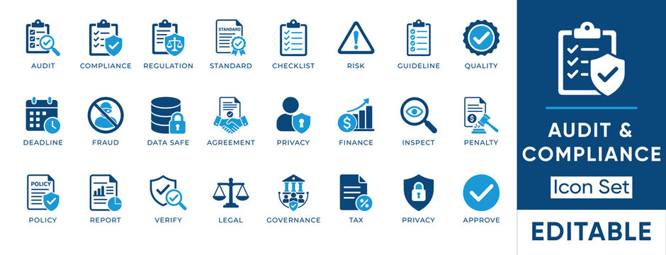 Audit and compliance solid icon set. Contains symbols for Regulation, Governance, Fraud, and Penalty. Flat vector design for business law and corporate policy.