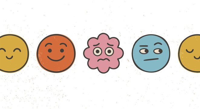 Set of colorful retro emoji characters with various expressions in a flat vintage cartoon style illustration.