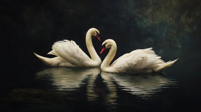 Two elegant white swans glide gracefully together on a dark lake.