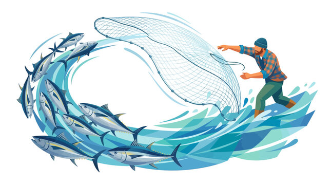 An artistic illustration for World Tuna Day features a fisherman casting a net into a wave teeming with tuna, against a white background, promoting sustainable fishing practices