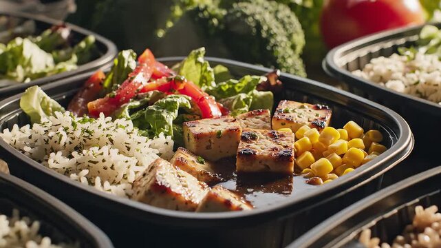 Healthy meal prep with rice vegetables and tofu highlighting premium dining and culinary arts