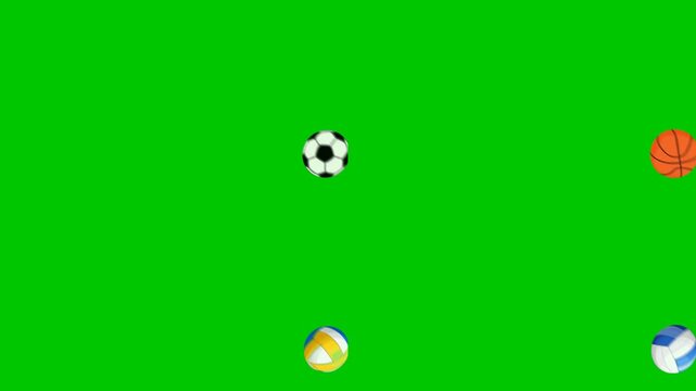 Dynamic composition of multiple bouncing balls including soccer basketball tennis and volleyball isolated on vibrant green screen ideal for sports animation projects and design assets.