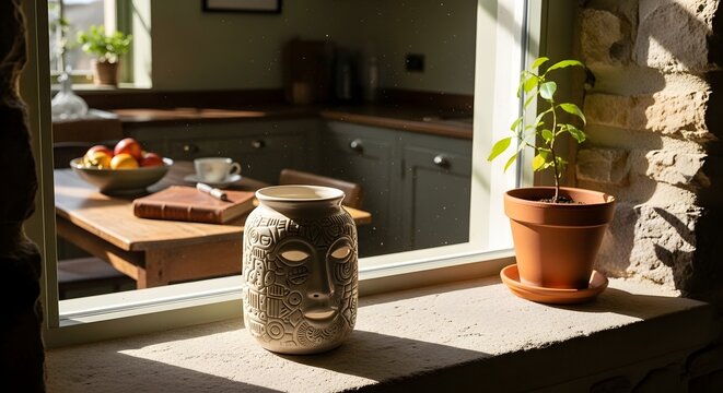 Decorative ceramic pot and plant on sunny window ledge