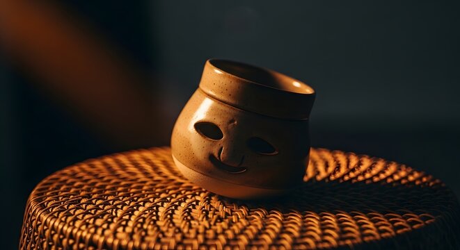 Decorative clay face pot on woven wicker surface