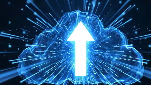 Digital cloud upload concept with glowing blue arrow and data stream