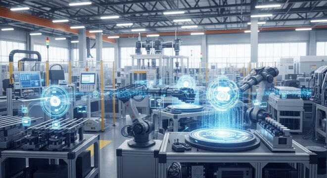 Futuristic industrial automation factory floor with holographic digital interface and robotic arms