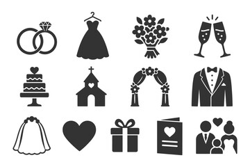 Naklejka premium Wedding symbols collection featuring rings, dress, church, flowers, and tuxedo.