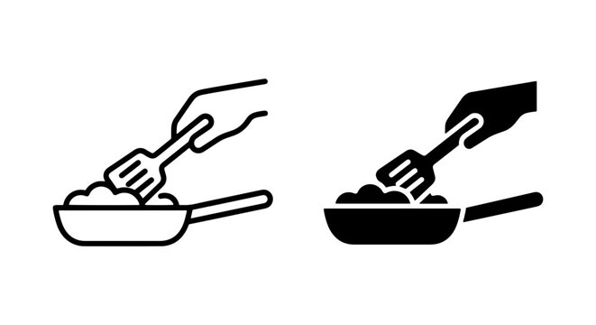 black and white pan frying food with spatula vector icons