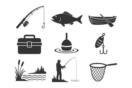 Fishing equipment and activities: rod, fish, boat, tackle box, lures, buoy, nature silhouette.