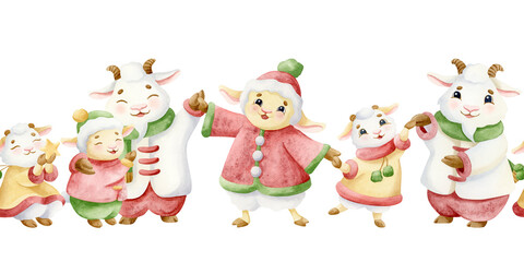 Naklejka premium Watercolor Christmas animals in winter clothes seamless border. Cute and happy sheep, lambs and goats characters horizontal repeat banner for kids holiday designs. Cheerful New Year fairytale scene