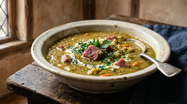 Close-up steaming split pea soup with ham herbs and cream on rustic table
