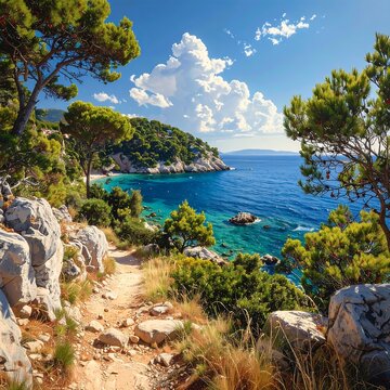 A serene coastal path winds through trees and rocks to a turquoise sea