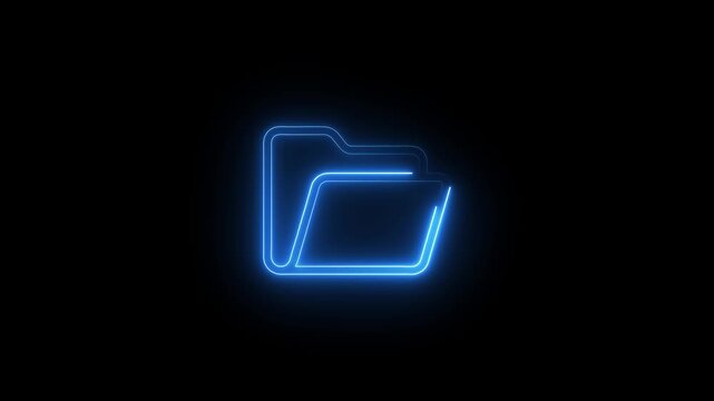 Blue neon file folder neon sign glowing black background