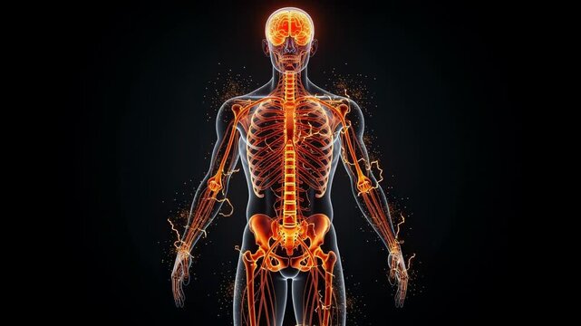 Detailed glowing human skeleton anatomy with nervous system and brain illustration on dark background