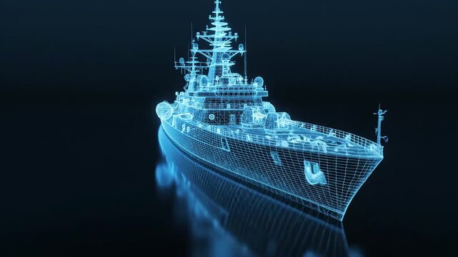 3D wireframe model of a warship highlighting artificial intelligence and digital evolution