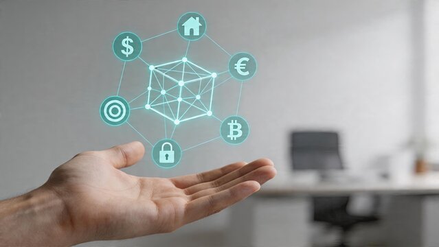 Businessman holding digital hologram cube connected to currency symbols blockchain technology concept Bitcoin Euro Dollar signs security lock icon and target symbol financial
