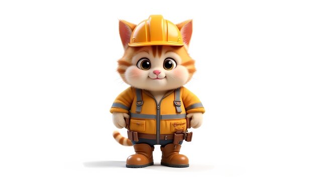 Adorable cartoon cat dressed in construction worker gear, hard hat, safety vest, tools, cute, illustration.