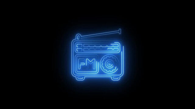 Blue neon radio with FM dial and antenna on black background