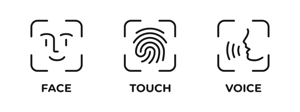Set of biometric authentication icons face touch and voice recognition systems for security access.