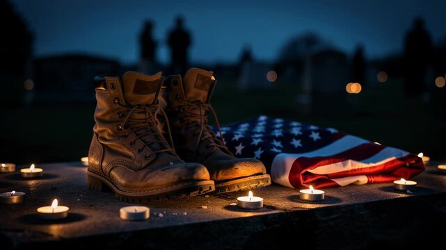 Military boots and American flag with candles honoring fallen soldiers at night in a cemetery