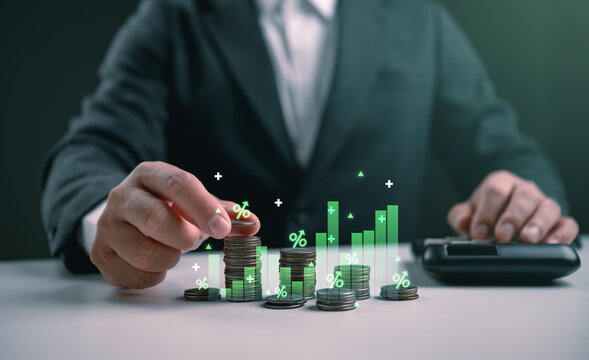Businessman stacking coins with green growth bar graph and percentage icons. Concept of compound interest, dollar cost averaging investment, long term financial wealth, and stock market profit growth.