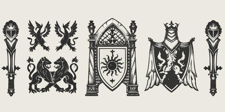 medieval heraldry silhouettes collection vintage style emblems