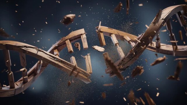 Broken wooden DNA strand shattering into pieces with detailed fragments and realistic particles