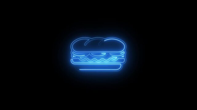 Blue neon hamburger on black background glowing neon sign