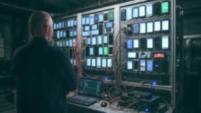 Technicians Supervise Organized Smartphone Groups In Controlled Environment With Detailed Analytics