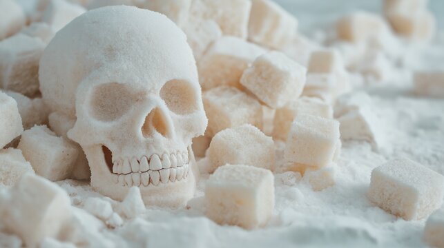 Sugar cube skull symbolizes health risks like obesity, diabetes, and heart disease linked to excessive sugar consumption.