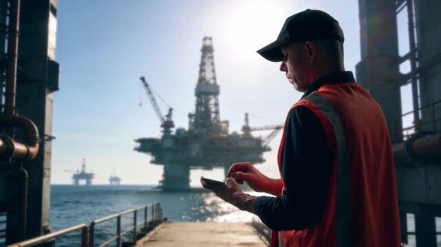 Operator Monitors Machinery And Communicates With Crew Amidst Ocean Glare And Safety Checks