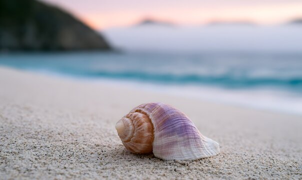 a textured shell on bone-white sand at Gouverneur Beach cove, ethereal rolling sea fog obscuring the coastline