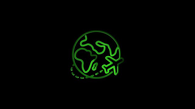 Green neon globe with airplane flying around it on black background earth travel