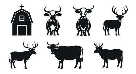Fototapeta premium Black silhouette illustrations of farm animals and a barn on white background