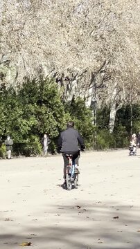 Bicicleta y ciclista pedaleando por avenida actividad saludable y ecol&oacute;gica no contaminante de persona activa en parque al aire libre entre &aacute;rboles, personas y naturaleza