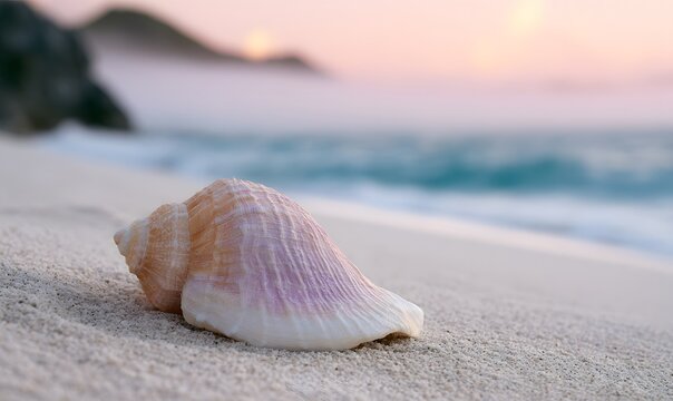 a textured shell on bone-white sand at Gouverneur Beach cove, ethereal rolling sea fog obscuring the coastline