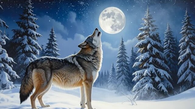 A lone wolf howls at the full moon in a snowy, wintery forest scene