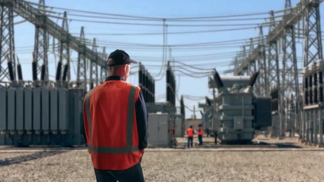 Personnel Equipped With Safety Gear Supervise High Voltage Infrastructure With Attentive Focus And Care