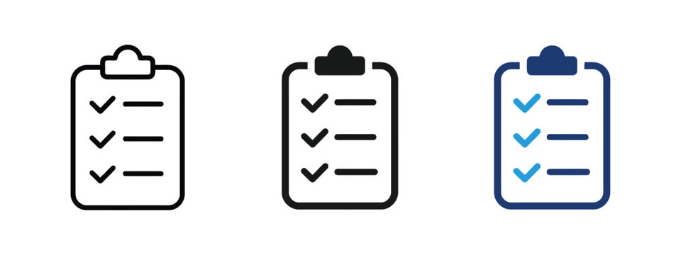 Set of checklist icons representing tasks completed and to do list items on clipboard in outline filled and colored versions.