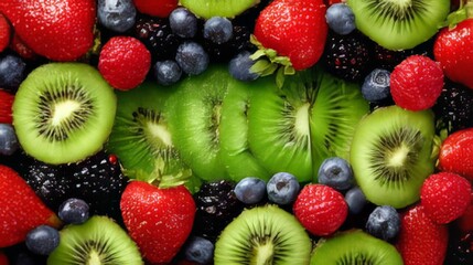 Obraz premium Fresh Fruits Arrangement with Kiwi, Berries, and Strawberries