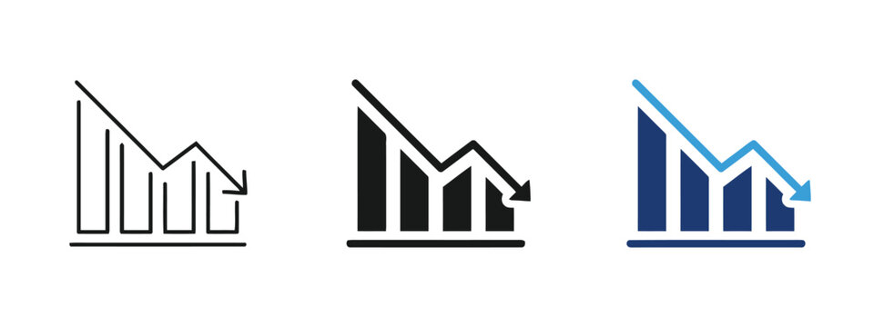 Declining bar chart with arrow in outline solid and blue colors.