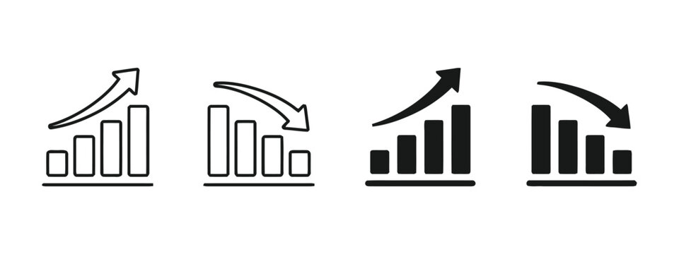 Growing bar chart with upward arrow and declining bar chart with downward arrow outlined and filled.