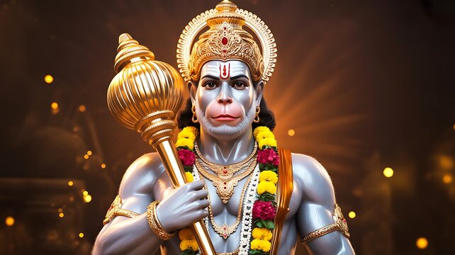 Hanuman hindu deity holding mace with radiant light symbolizing strength devotion and divine power
