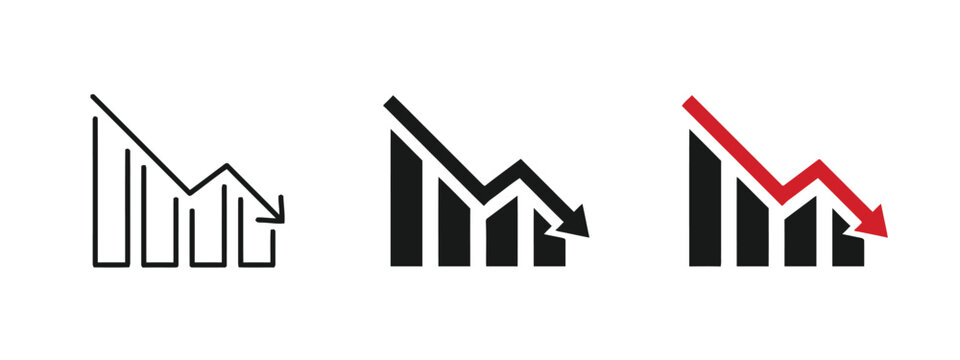 Declining bar chart with arrow in outline solid and red colors.