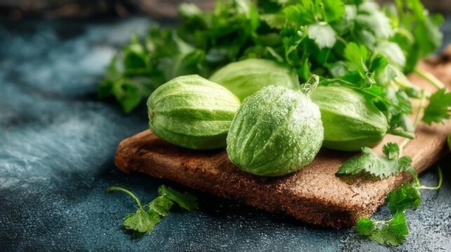 Fresh Green Tomatillos with Coriander Leaves on a Wooden Board