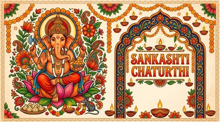 Obraz premium Sankashti Chaturthi festival with Lord Ganesha in a layered paper style surrounded by marigold flowers and diyas celebrating the remover of obstacles