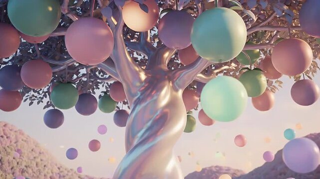 Dreamlike Pastel Forest with Balloon-Leafed Tree Under Sunset Zephyr Sky