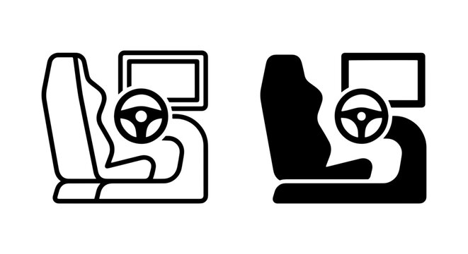 Racing Simulator Icon Set, Gaming Chair and Steering Wheel Vector Graphics, Virtual Drive Setup