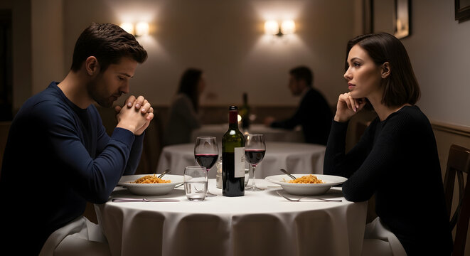 Distressed couple facing each other at a dimly lit restaurant table during a serious and difficult relationship conversation