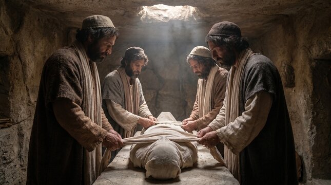 Biblical scene of disciples wrapping a body in white linen shrouds inside an ancient stone tomb in Jerusalem.